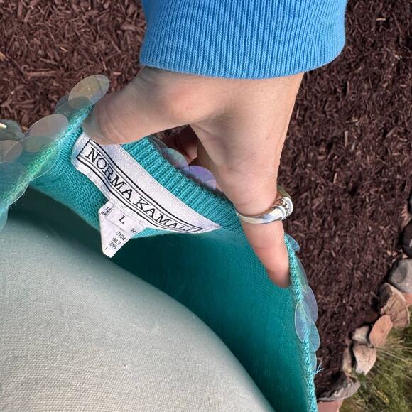 Vintage Norma Kamali dress sequined sequin teal Turquoise mermaid sz L paillete - Picture 10 of 17